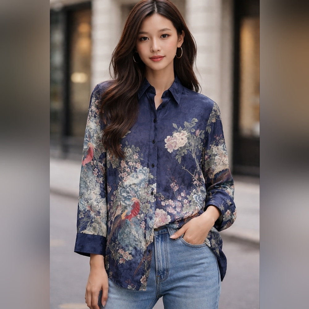 Soft Surroundings Navy Floral Button Down Shirt
